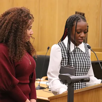 Students act as lawyers during a Bill of Rights themed civics education event at the federal courthouse in Washington, D.C.