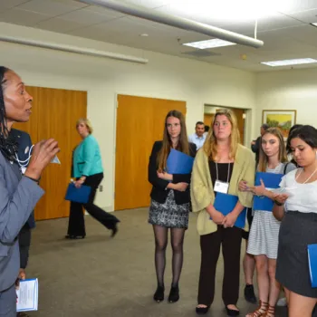 Bankruptcy Judge Erithe Smith speaks to students at a Law Day event in Santa Ana, California. 