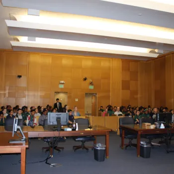 Renee Alexander (far right) speaks to students in Hartford, Connecticut, about how a courtroom functions. Alexander is judicial assistant and courtroom deputy to Senior District Judge  Alfred V. Covello.