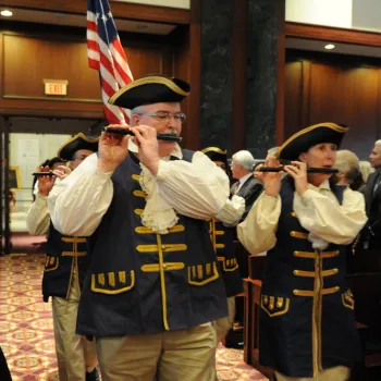 Caption: In Manhattan, a drum and fife corps started a ceremony honoring the nation's oldest federal court.