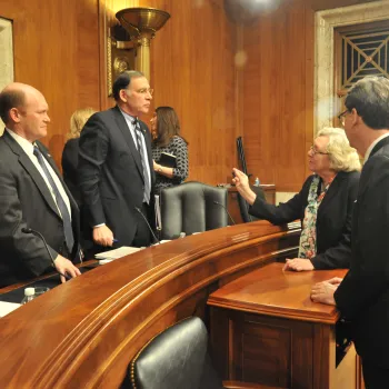 Senate Appropriations Subcommittee on Financial Services and General Government, (left to right)  Ranking Member Senator Christopher Coons, Chairman John Boozman, Judge Julia Gibbons and AO Director James C. Duff