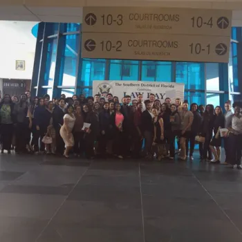 Participants at a Law Day event in Miami gather in the lobby of the Wilkie D. Ferguson Jr. United States Courthouse. 