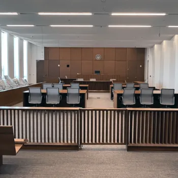 A new state-of-the-art courtroom in the new federal courthouse in Harrisburg, Pennsylvania.