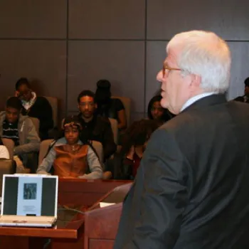 Chris Hexter, a St. Louis lawyer who went to Mississippi in the Freedom Summer of 1964, speaks to students about voting rights during Law Day activities in 2014. 