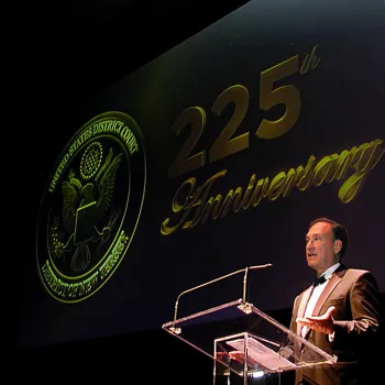 In Newark, Supreme Court Justice Samuel A. Alito Jr. speaks at a ceremony celebrating the District of New Jersey's 225th anniversary.