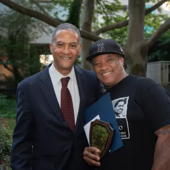 Judge Raymond Lohier, Jr., of the Second Circuit Court of Appeals, congratulates RISE Court graduate Stanley Downey during a special ceremony. 