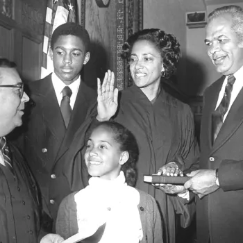 Image: In 1979, with her family at her side, Judge Anne E. Thompson is sworn in as a federal judge in the District of New Jersey.