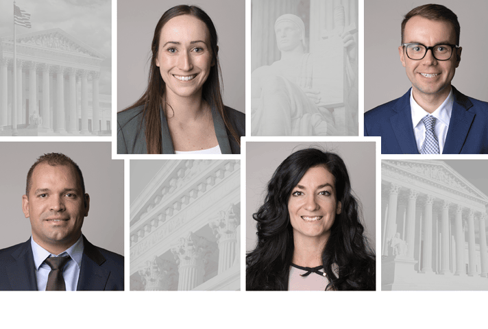 The 2023-2024 Supreme Court Fellows, clockwise from top left, Victoria K. Nickol, Adam J. Kuegler, Viviana I. Vasiu, and Jose D. Vazquez. Images are from the collection of the Supreme Court of the United States.