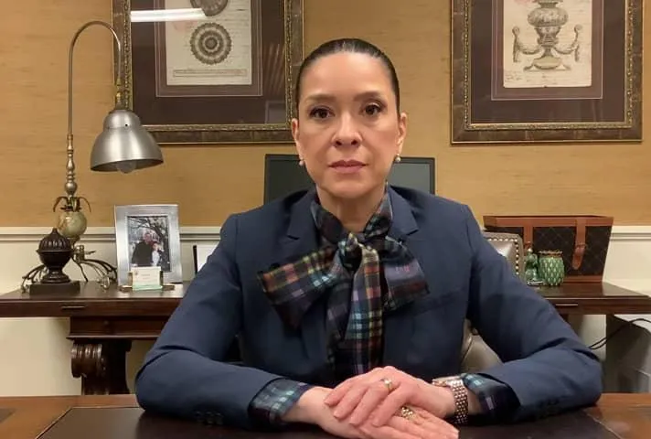 Judge Salas sitting at a desk, looking straight into the camera.