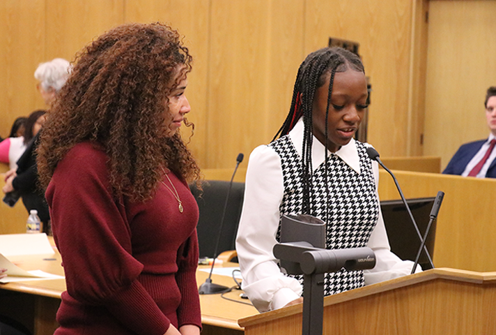 Students act as lawyers during a Bill of Rights themed civics education event at the federal courthouse in Washington, D.C.