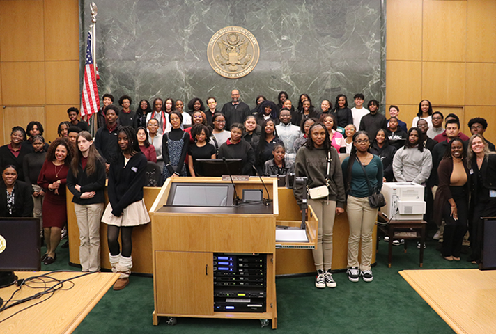 U.S. Magistrate Judge Zia M. Faruqui hosts students in his courtroom as they explore the impact of the Bill of Rights on their lives.