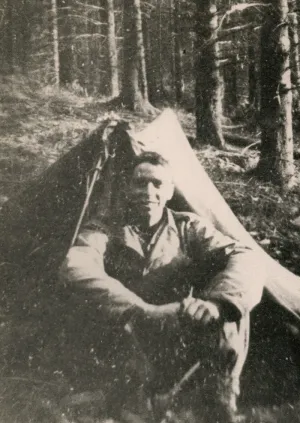 Dickinson R. Debevoise camped in Hurtgen Forest, Germany. 