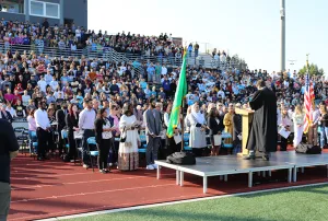 U.S. Magistrate Judge James A. Goeke welcomes new citizens at Central Valley High School.